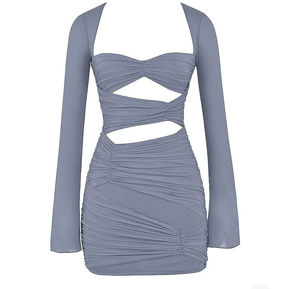 House of CB Slate Blue Silk Cutout Ruched Mini Dress Size M | Going Out |
